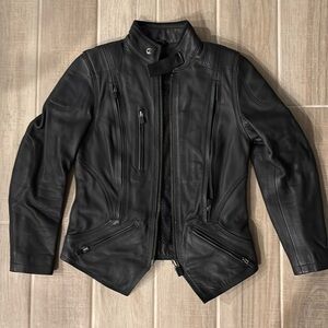 Women’s black leather Milwaukee, motorcycle jacket